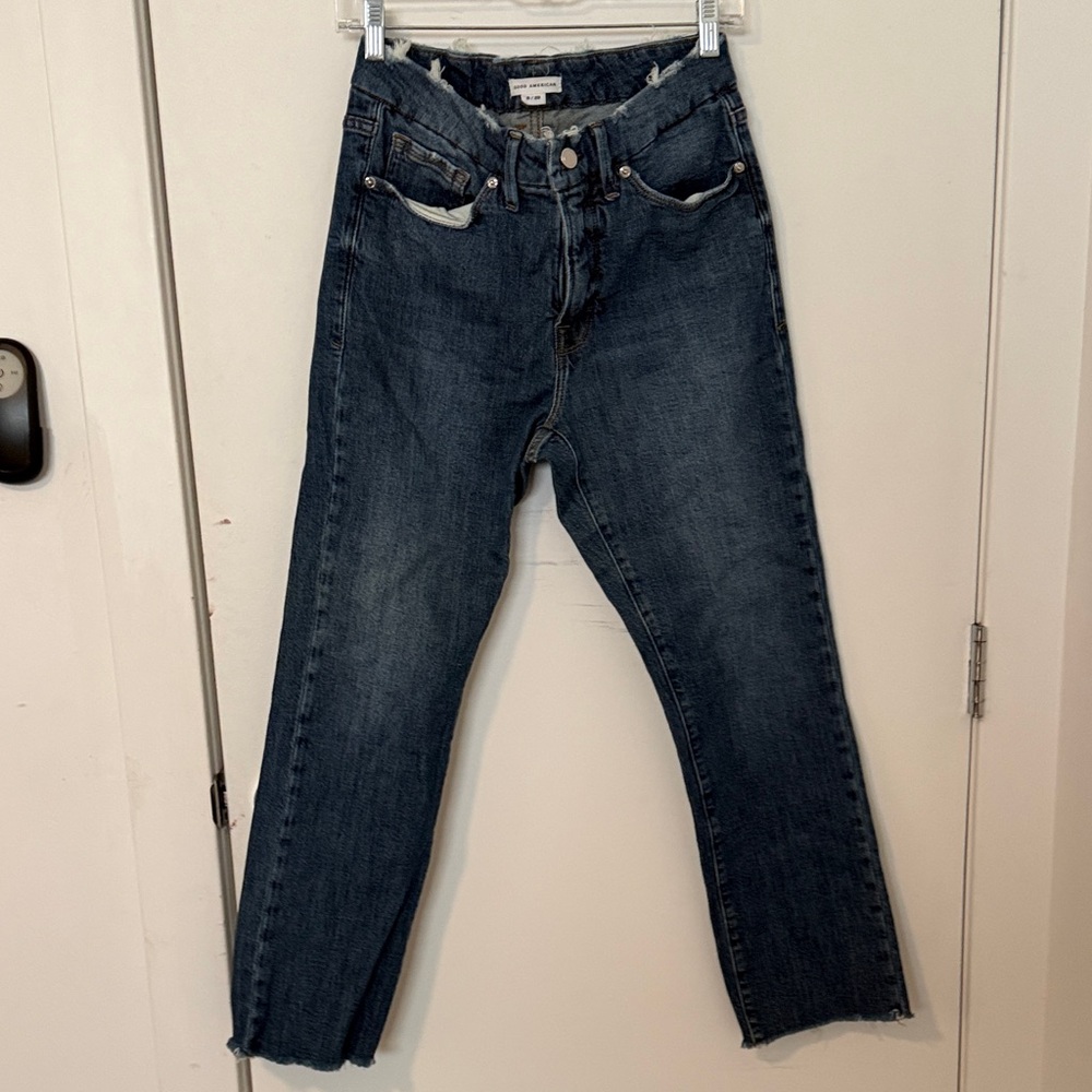 Good American women’s Slim Straight Dark Blue Jeans